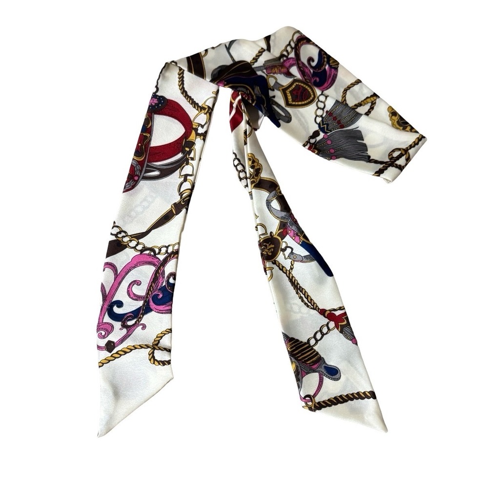 Vintage Equestrian Twilly Scarf White Pink Gold Chain Tassel Print Womens